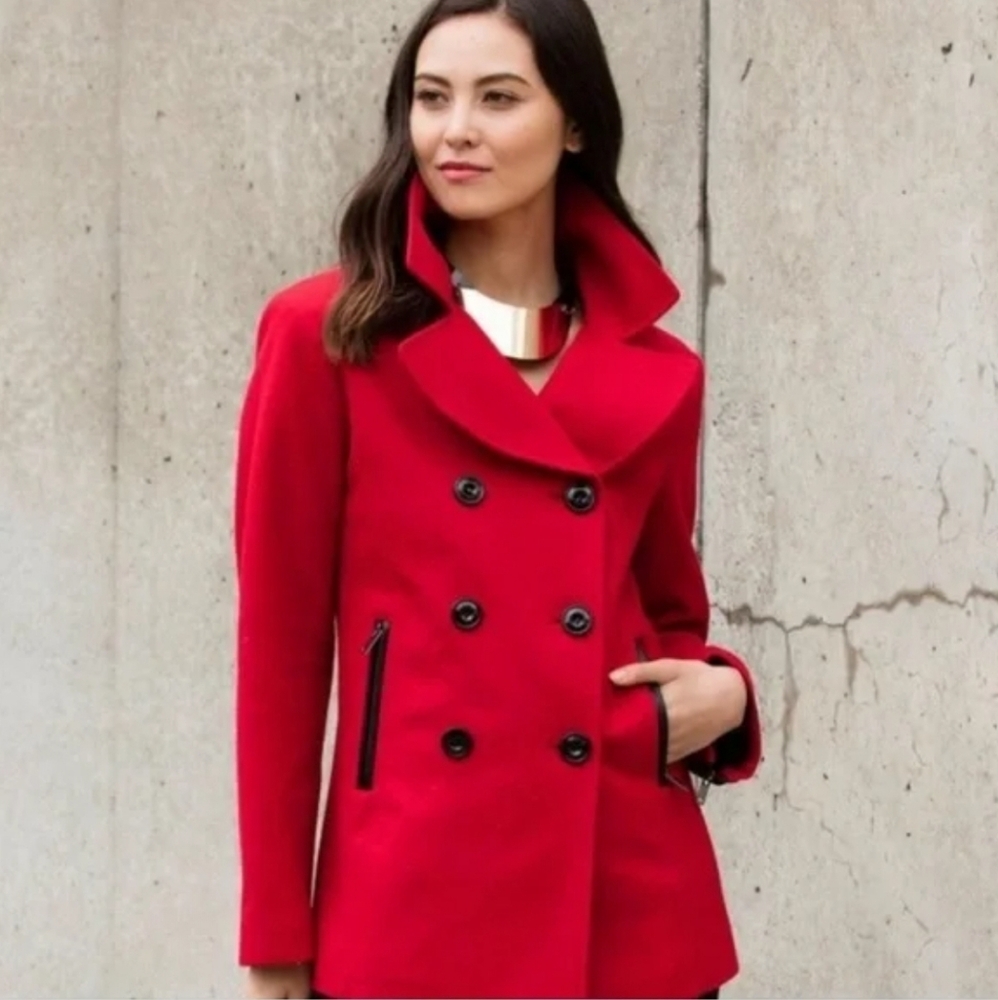 Black Rivet Women's Wool Blend Button Up Peacoat in Red Size S
